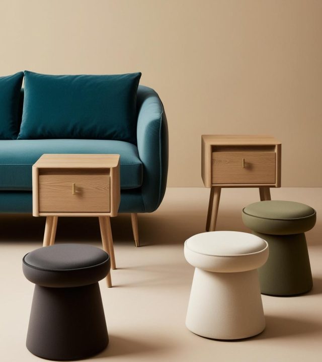 home furniture_ sofa, bedside tables, stools with solid background