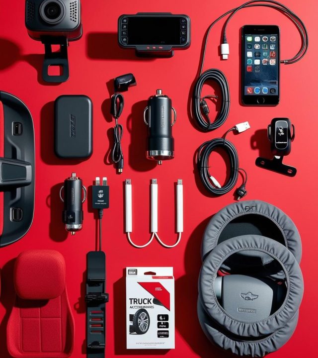 truck accessories with solid red background_ dash cams, audio accessories, chargers, seat & wheel covers
